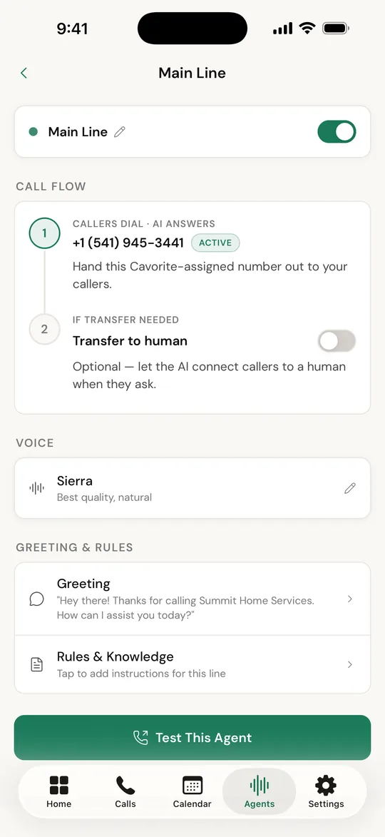 Agent line setup with call flow and voice options