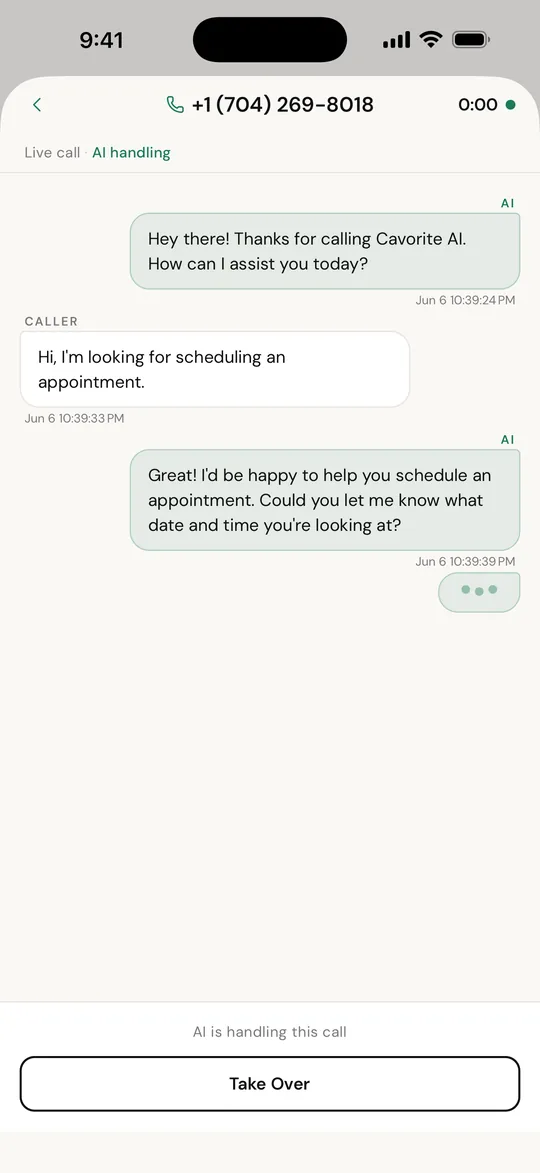 Live call transcript with one-tap Take Over button
